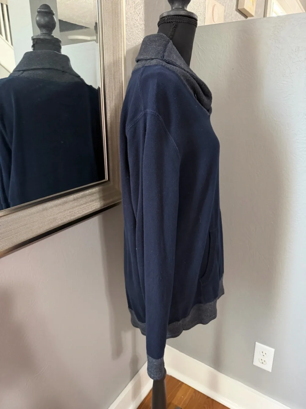 J.Crew navy blue shawl collar pullover sweater kangaroo pocket medium.